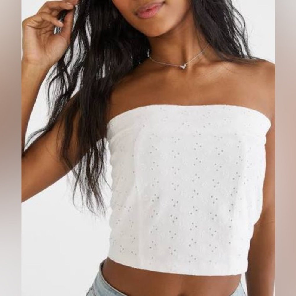 NWT Aeropostale Eyelet Tube Top White Floral Embroidery Strapless Size XL